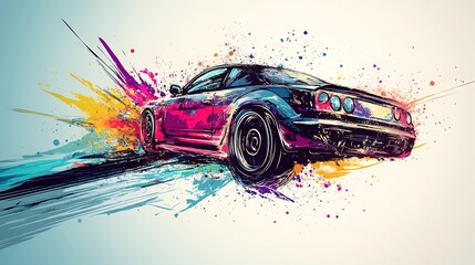 A black sports car with colorful paint splatters and streaks in the background.