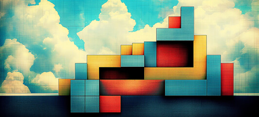 Abstract cubist geometry with sky and clouds as wallpaper