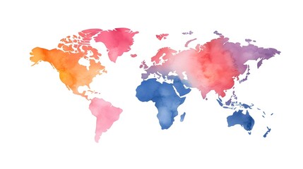  A colorful watercolor world map showcasing various continents in vibrant shades, ideal for educational or decorative purposes.