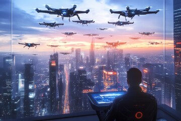 Poster - The pilot skillfully manages a fleet of advanced drones, directing their movements from an advanced control center overlooking a vibrant city. Generative AI