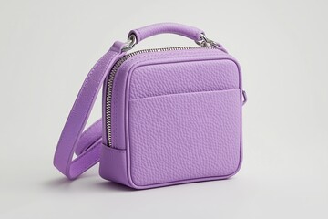 Trendy women's crossbody bag in pastel purple, featuring a textured surface and a minimalist design, isolated on a white background