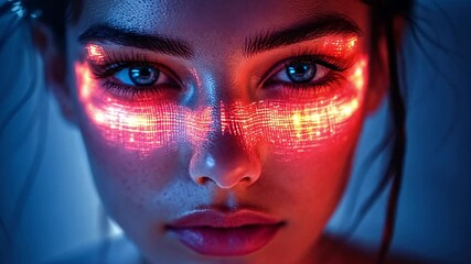 Poster - A young woman gazes intensely, her face illuminated by vibrant red and blue digital patterns that enhance her striking features in a dark setting.