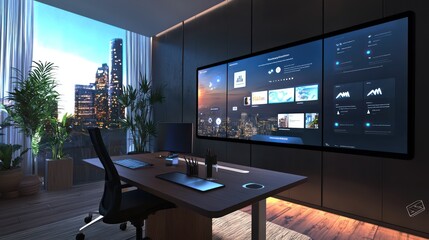 Wall Mural - A home office with a smart desk that reminds you to stand or sit based on ergonomic data and a wall that serves as a massive touchscreen