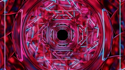 Wall Mural - Abstract background 3D animation moving through shiny glass metal and neon lights tunnel, loop