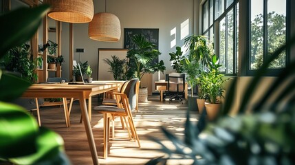 A sustainable business office space with eco-friendly furniture, natural lighting, and green plants