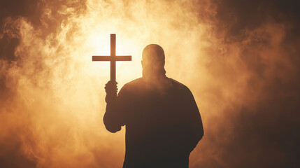 an ominous composition of a demonic figure holding a cross tightly, with shadows and flames in the b