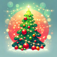 Festive Christmas Background with Tree, Red Baubles, and Twinkling Lights