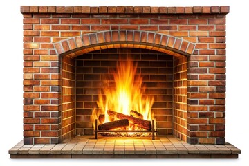 fire in a brick fireplace isolated on a white background wide-angle