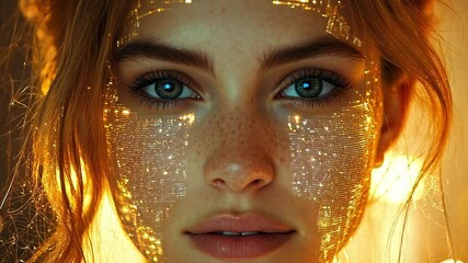 Aufkleber - A young woman showcases stunning blue eyes and a luminous, patterned face art against a warm backdrop of golden lights, creating an enchanting atmosphere.