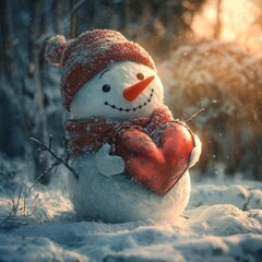 Sticker - A snowman wearing a red hat and scarf holds a red heart in a snowy forest.