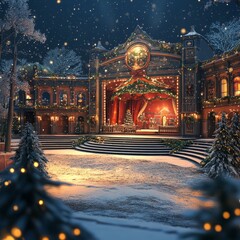 Poster - A snowy Christmas eve with a decorated stage and a festive town.