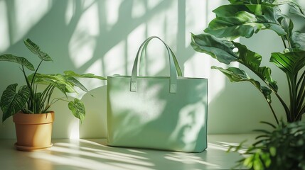 Wall Mural - A stylish mint green canvas tote bag positioned on a white surface, surrounded by plants, with soft shadows creating a contemporary aesthetic