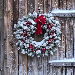 Poster - A snowy Christmas wreath hangs on a rustic wooden door.