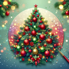 Festive Christmas Background with Tree, Red Baubles, and Twinkling Lights