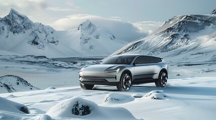 Wall Mural - A modern sleek electric car in a mountainous winter landscape in the snow.