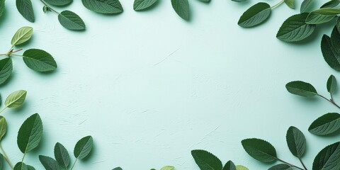 Canvas Print - Light gentle abstract background featuring green leaves and fresh herbs arranged around a central area for text on a turquoise surface