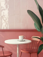 A white coffee cup sits on a round white table with two red chairs in front of a pink tiled wall.