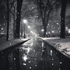 Wall Mural - A snowy path illuminated by streetlights in a park at night.