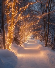 Wall Mural - A snowy path lined with trees adorned with twinkling Christmas lights.