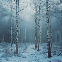 Poster - A snowy path through a misty birch forest.