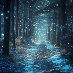 Sticker - A snowy path through a winter forest.