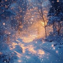 Sticker - A snowy path through a winter forest, lit by the warm glow of the setting sun.