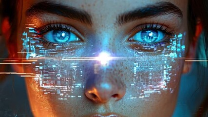 Poster - The young woman looks intensely forward, with mesmerizing blue eyes illuminated by digital data displays, creating a high-tech atmosphere.