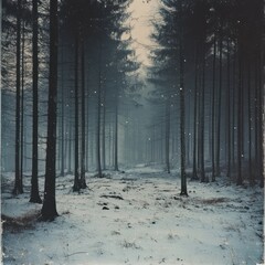 Canvas Print - A snowy path winds through a dense forest, sunlight filtering through the trees.