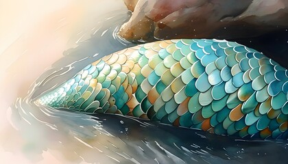 Poster - Dreamy watercolor mermaid scales in soft pastels, capturing serene fantasy vibes with a realistic touch