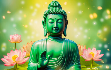 Wall Mural - Green jade Buddha surrounded by pink lotus flowers