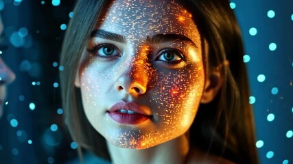 Poster - A young woman stands with her eyes closed, her face illuminated by vibrant digital patterns against a dark, mesmerizing backdrop filled with lights.