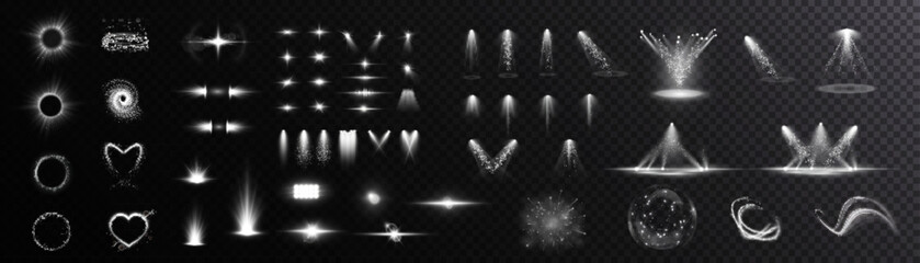 Poster - Set of white light spotlights, flashes of light on a transparent background. Vector glowing light effect.	
