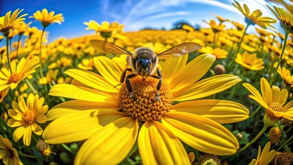 Fisheye bee on yellow flower with background of yellow flowers