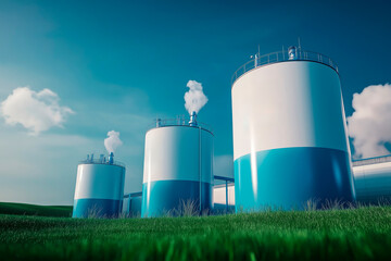 Hydrogen storage tanks with blue sky and green grass landscape.