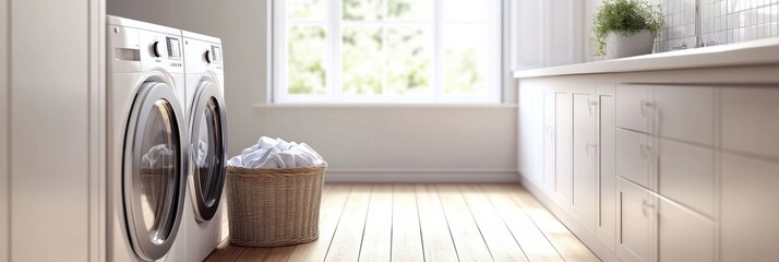 Wall Mural - This modern laundry room showcases built-in washing and drying machines, sleek cabinetry, and a basket of laundry beside a bright window. Generative AI