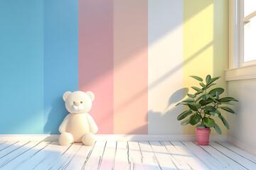 A white teddy bear sits on a white wooden floor in front of a colorful wall. A potted plant sits in the corner of the room.