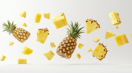 Tropical Magic: Levitating Pineapple Chunks on White Background