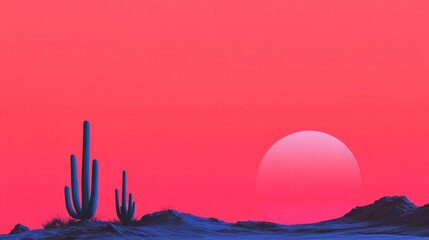 Surreal desert landscape with vibrant pink sky and large setting sun