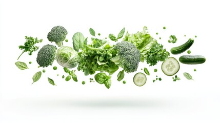 Ethereal Floating Fresh Vegetables and Herbs with Vibrant Green Colors - Organic Produce Concept on White Background