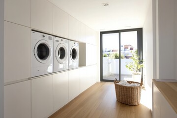 Sticker - This stylish laundry room showcases built-in washing and drying machines, accompanied by a woven basket for easy laundry organization. Generative AI