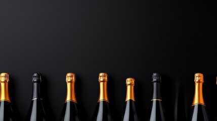 Row of elegant champagne bottles with golden foil on black background