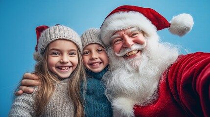 santa claus taking a selfie with two smiling children, studio shot on a blue background, capturing a joyful holiday moment in a fun and festive atmosphere, family-friendly