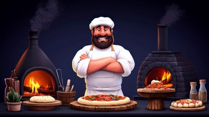 A cheerful chef presenting delicious pizzas with wood-fired ovens in the background