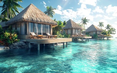 Summer Vacation on Private Island with Overwater Bungalows and Bright Sun