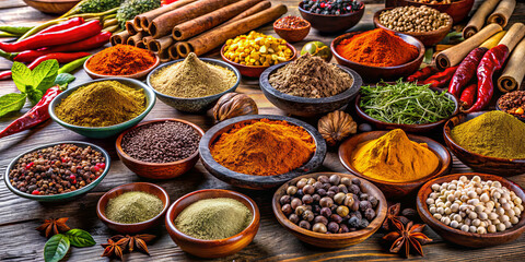 A variety of spices laid in bowls on a wooden table, featuring rich colors like red, yellow, and green. The arrangement highlights the diverse textures and aromas of each spice