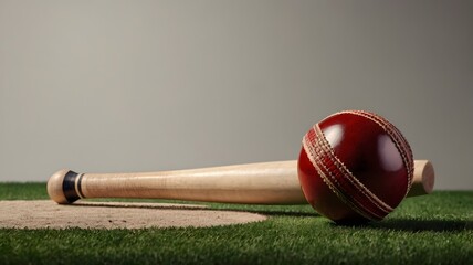 Cricket ball and bat on green grass close-up sports gear