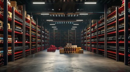 Canvas Print - A large warehouse with many shelves of wine bottles