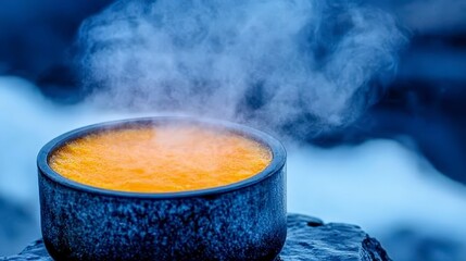 Steaming hot soup in a bowl on a cool outdoor day