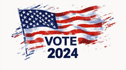 american flag with vote text and 2024 on white background symbolizing elections, democracy, patriotism, and civic duty for political campaigns, voting ads, or patriotic design elements