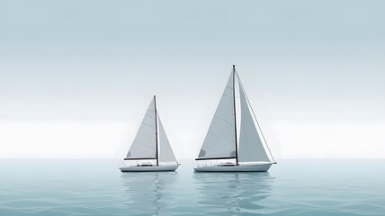  Two minimalist sailboats sailing on calm ocean with clear sky background